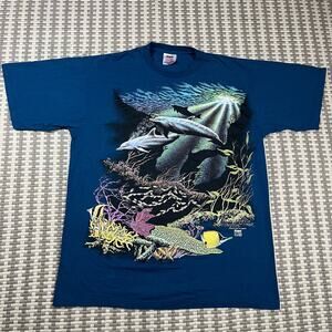 Vintage Stand Out Design Dolphin Marine life Blue Tee T Shirt‎ Men’s Sz L